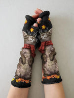 Retro Cat Printed Knit Casual Fingerless Gloves