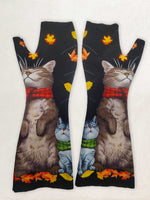 Retro Cat Printed Knit Casual Fingerless Gloves