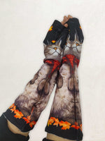 Retro Cat Printed Knit Casual Fingerless Gloves