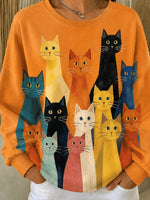 Casual Simple Cat Crew Neck Long Sleeve Sweatshirt
