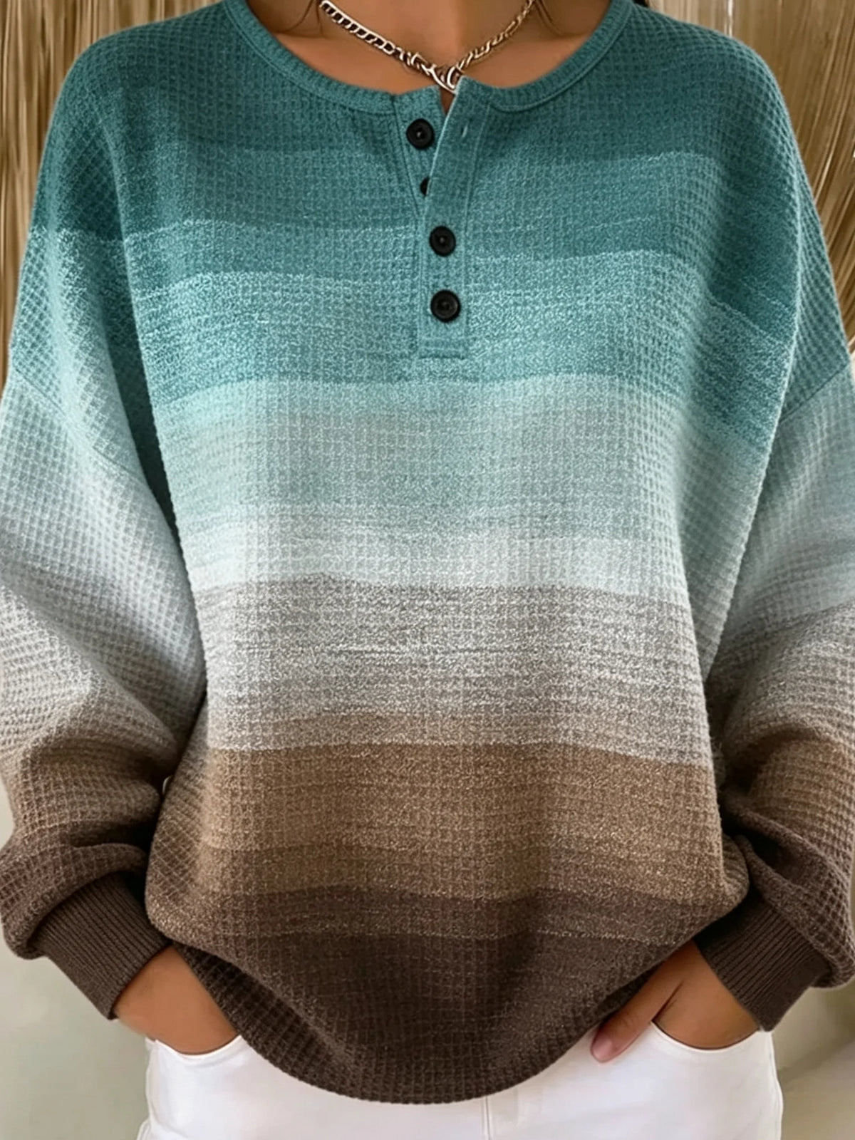 Casual Simple Ombre Henley Collar Long Sleeve Sweatshirt