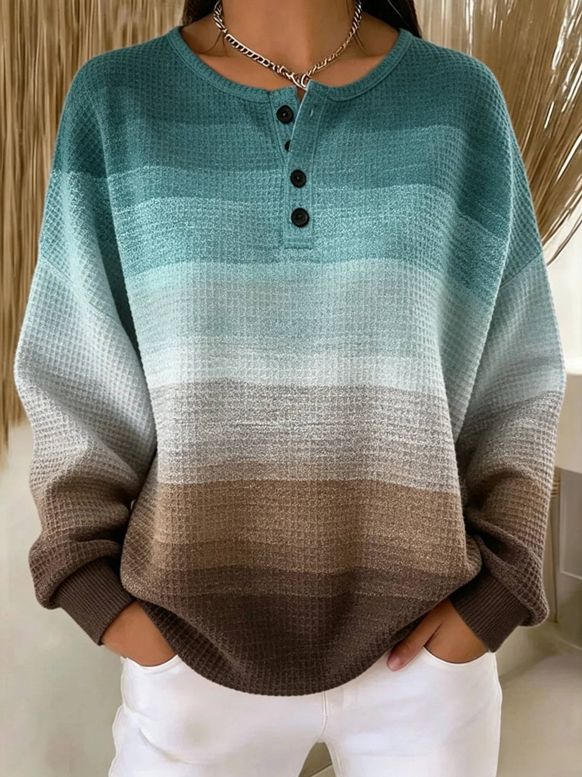 Casual Simple Ombre Henley Collar Long Sleeve Sweatshirt