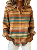 Women Casual Abstract Stripes Vintage Shirt Shirt Collar Long Sleeve Printing Top