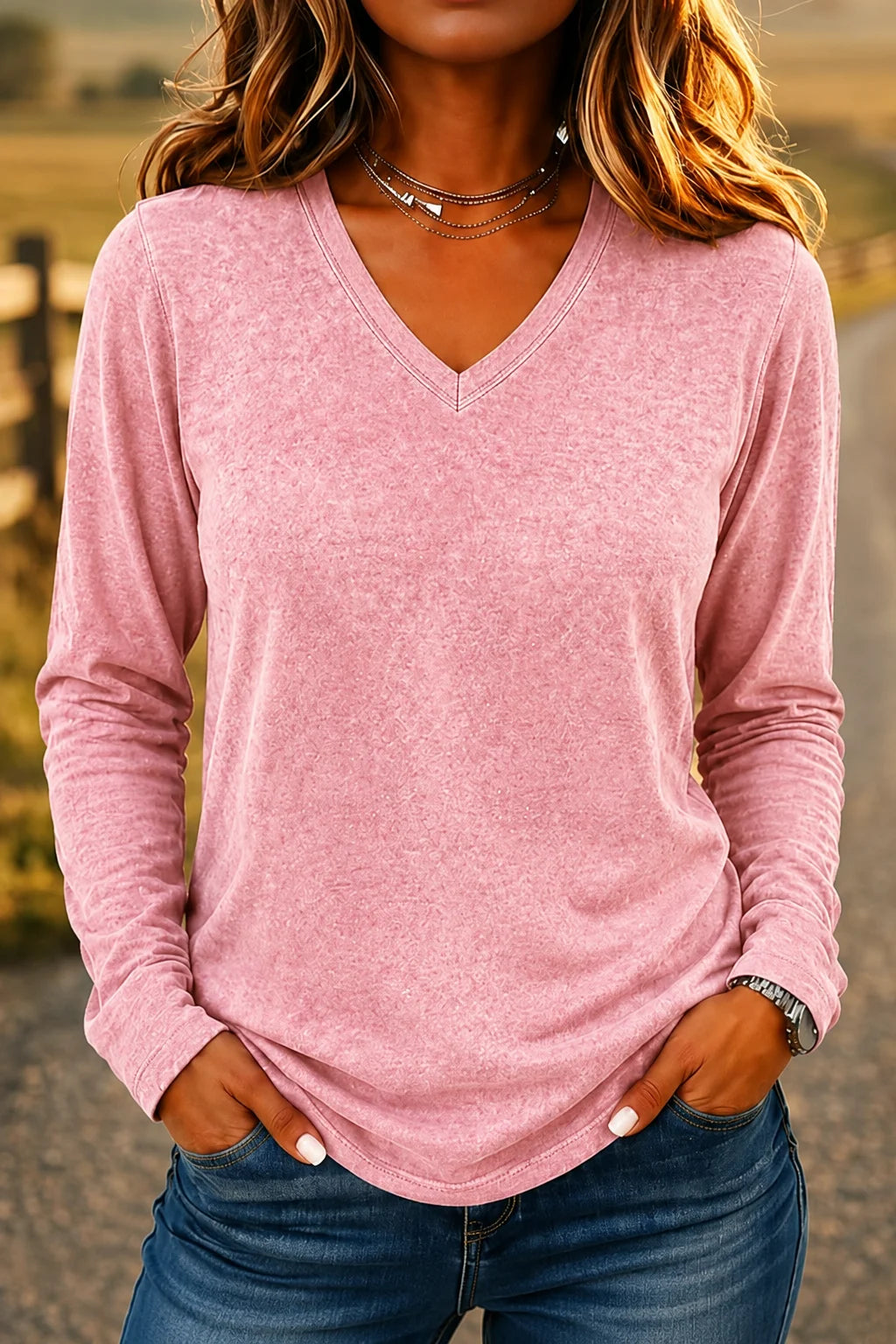 Casual Simple Plain V Neck Long Sleeve T-shirt
