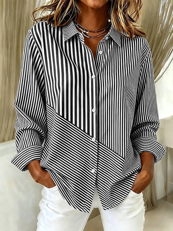 Women Striped Casual Shirt Shirt Collar Long Sleeve Buckle Top