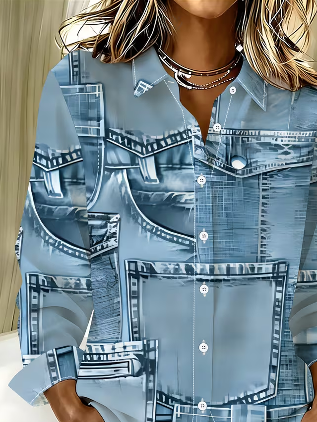 Women Abstract Casual Shirt Shirt Collar Long Sleeve Buckle Top