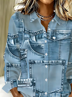 Women Abstract Casual Shirt Shirt Collar Long Sleeve Buckle Top