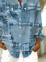 Women Abstract Casual Shirt Shirt Collar Long Sleeve Buckle Top