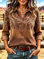 Women Wild West Casual Shirt Shirt Collar Long Sleeve Buckle Top