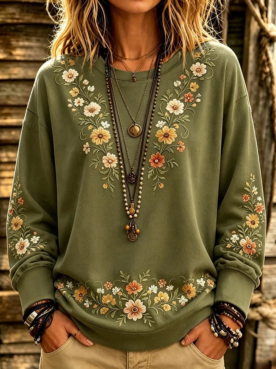 Casual Floral Crew Neck Long Sleeve Sweatshirt
