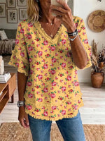 Vintage Ethnic Flowers Women's Art Casual Patchwork V Collar Shirt