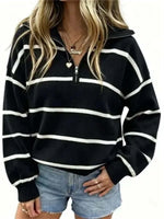 Women's Casual Oversized Zip Front Striped Long Sleeve Top