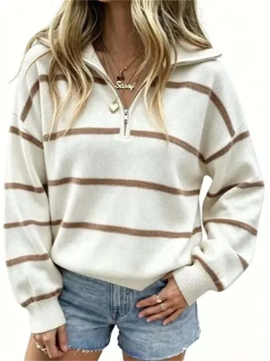 Women's Casual Oversized Zip Front Striped Long Sleeve Top