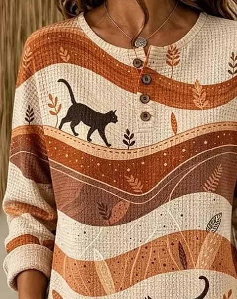 Vintage Casual Leaf Henley Collar Long Sleeve Sweatshirt