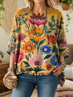 Ethnicity Retro Flowers Totem Women's Art Print Casual 3/4 Sleeve Cotton Top