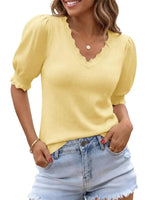 Women's Versatile Puff Sleeve Ruffle Trim Knit Blouse