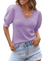 Women's Versatile Puff Sleeve Ruffle Trim Knit Blouse