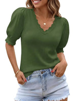 Women's Versatile Puff Sleeve Ruffle Trim Knit Blouse