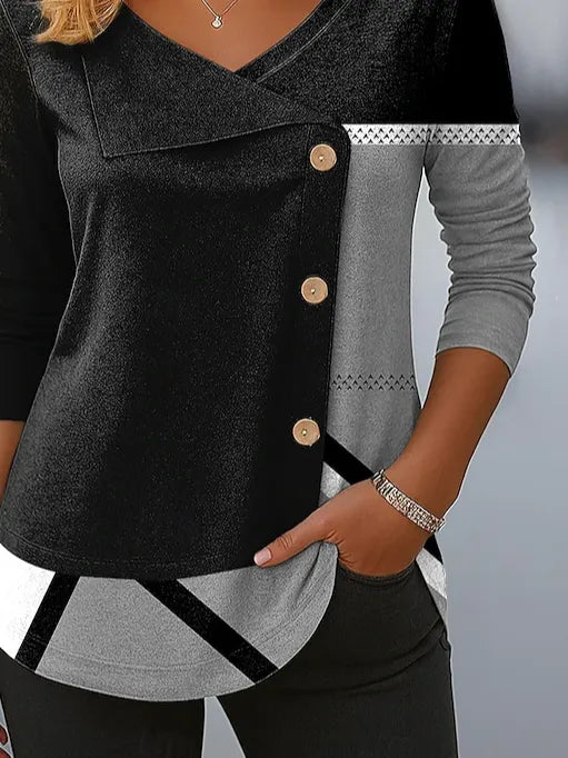 Women's Long Sleeve T-shirt Spring/Fall Black Abstract Printing V Neck Daily Going Out Casual Top