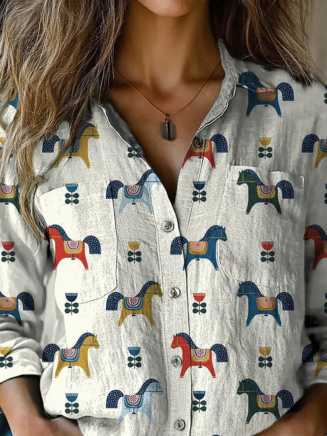 Petite Horse Repeat Pattern Printed Women's Casual Long Sleeve Comfortable Shirt