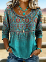 Women's Retro Print Casual Hollow Denim Shirt