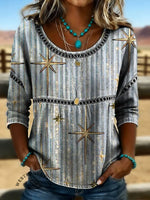 Women's Vintage Print Casual Hollow Denim Shirt