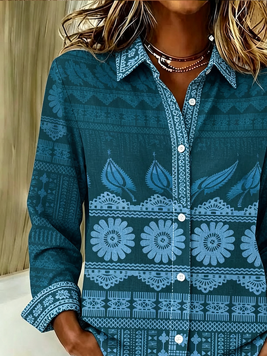 Women Abstract Casual Shirt Shirt Collar Long Sleeve Buckle Top