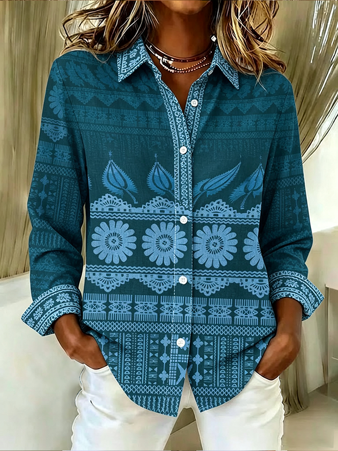 Women Abstract Casual Shirt Shirt Collar Long Sleeve Buckle Top