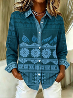 Women Abstract Casual Shirt Shirt Collar Long Sleeve Buckle Top