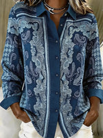Women Paisley Vintage Shirt Shawl Collar Long Sleeve Top