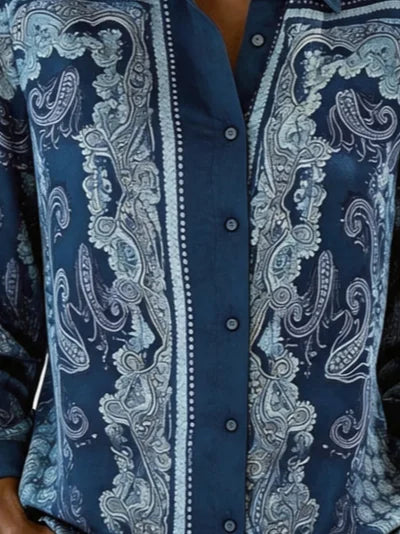 Women Paisley Vintage Shirt Shawl Collar Long Sleeve Top