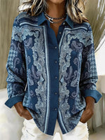 Women Paisley Vintage Shirt Shawl Collar Long Sleeve Top