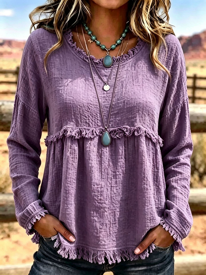 Vintage Plain Crew Neck Long Sleeve T-shirt