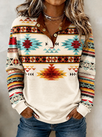 Vintage Ethnic Geometry Half Open Collar Long Sleeve Sweatshirt