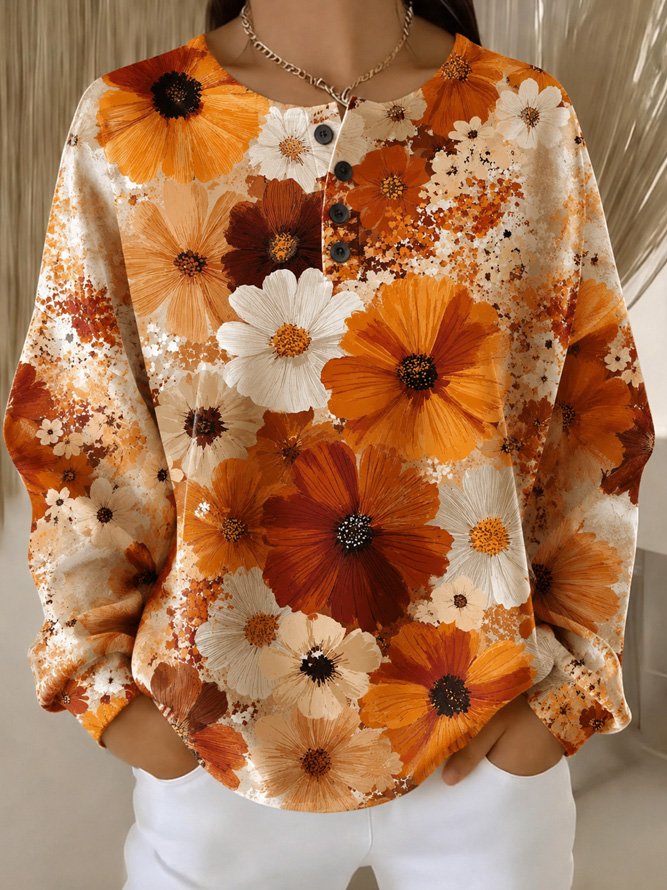 Casual Daily Floral Henley Collar Long Sleeve Sweatshirt