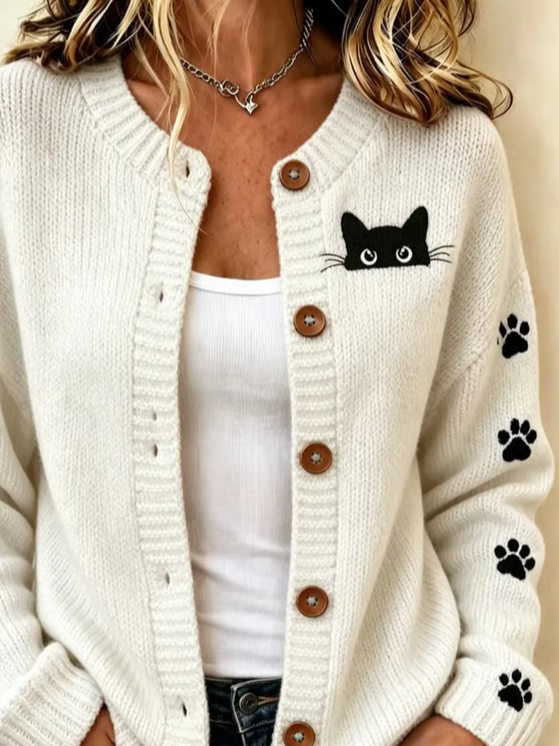 Women Cat Long Sleeve Comfy Vintage Printing Cardigan