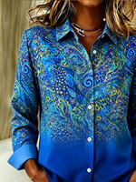 Women Peacock Casual Shirt Shirt Collar Long Sleeve Buckle Top
