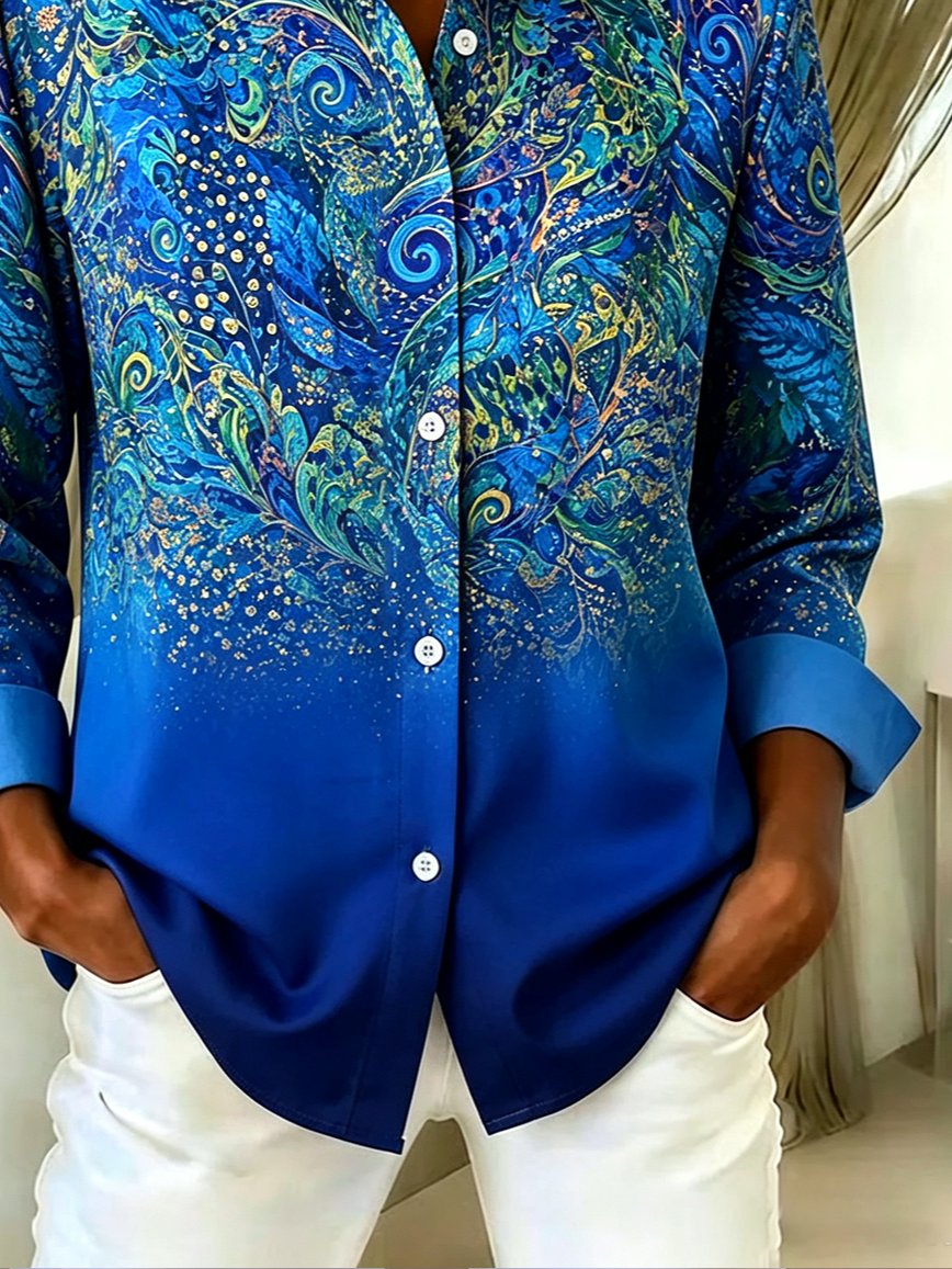 Women Peacock Casual Shirt Shirt Collar Long Sleeve Buckle Top