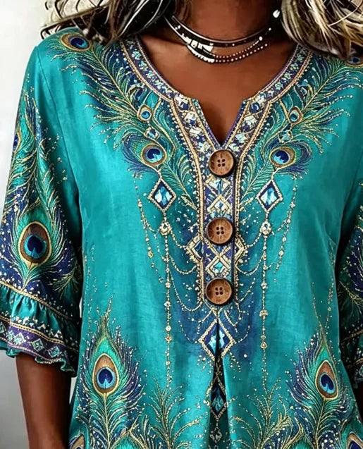 Women Floral Elegant Casual Blouse V Neck Half Sleeve Top