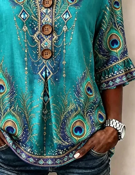 Women Floral Elegant Casual Blouse V Neck Half Sleeve Top