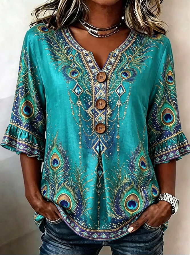 Women Floral Elegant Casual Blouse V Neck Half Sleeve Top