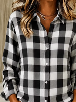 Women Plaid Casual Simple Shirt Shirt Collar Long Sleeve Buckle Top