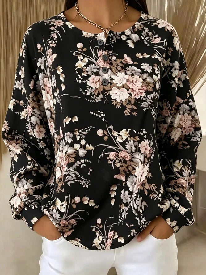 Casual Floral Henley Collar Long Sleeve Sweatshirt