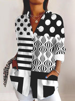 Shirt Collar Long Sleeve Geometric Regular Micro-Elasticity Regular Fit Shirt For Women