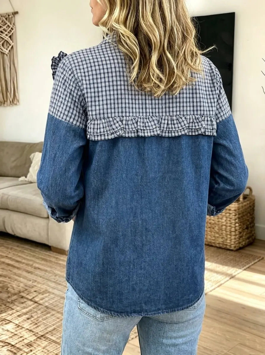 Women Casual Denim Gingham Spliced 3D Ruffle Floral Button‑Down Shirt