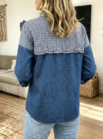 Women Casual Denim Gingham Spliced 3D Ruffle Floral Button‑Down Shirt