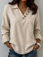 Women's Casual Retro Solid Color V neck Button Long Sleeve Shirt