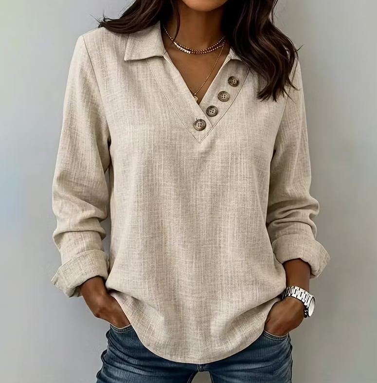 Women's Casual Retro Solid Color V neck Button Long Sleeve Shirt