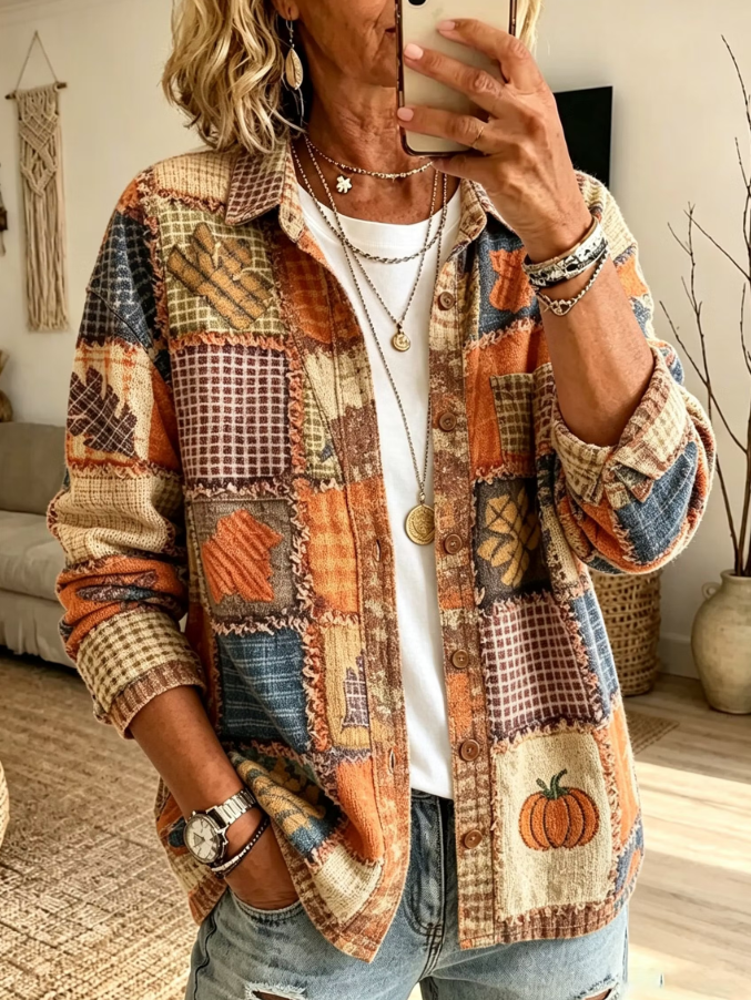 Women's Casual Fall Patchwork Pumpkin Print Corduroy Long Sleeve Shirt