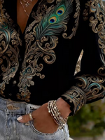 Women Abstract Casual Shirt Shirt Collar Long Sleeve Buckle Top